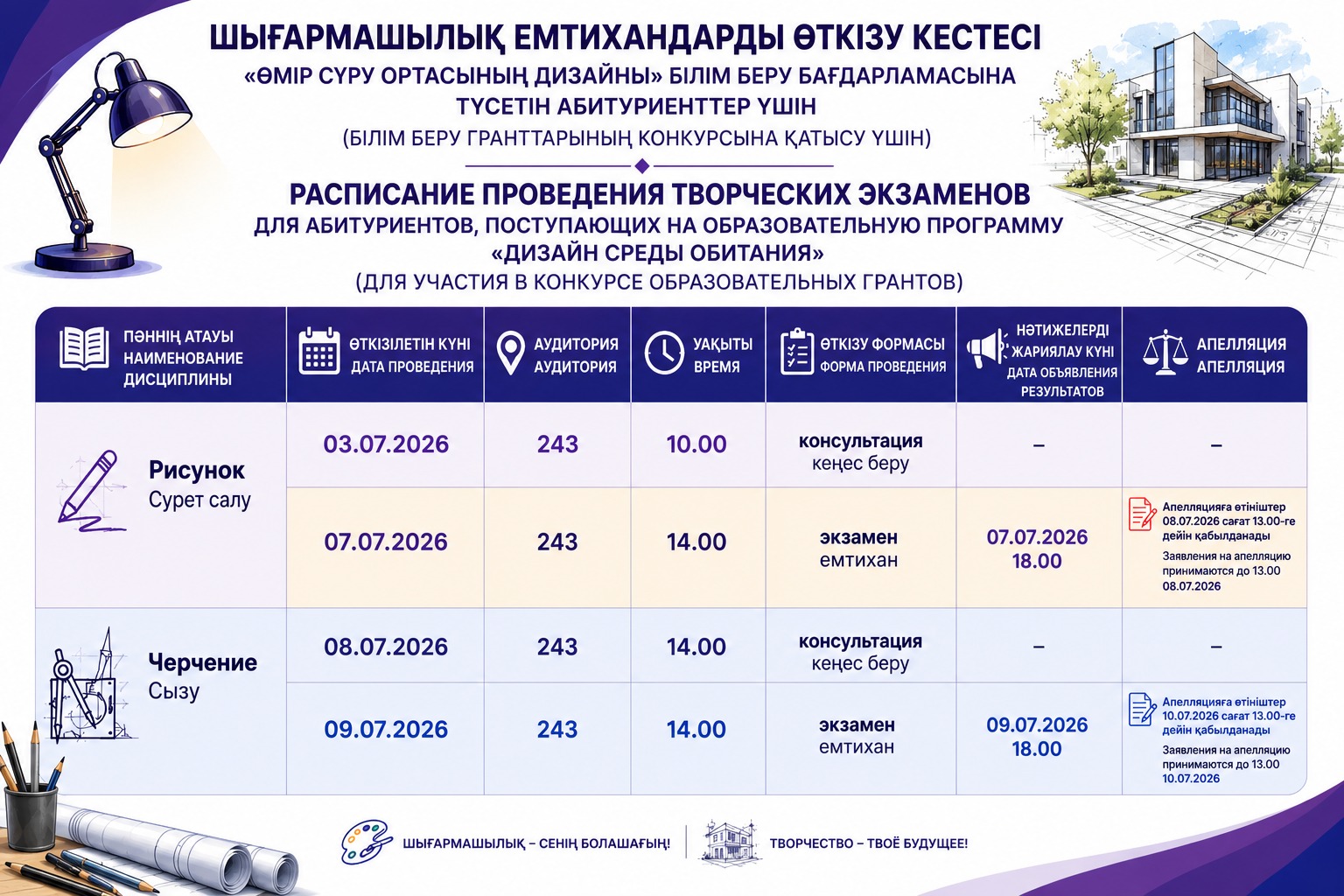Расписание творческих экзаменов (для участия в конкурсе образовательных грантов)